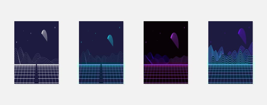Retro futuristic landscape 1980s style poster or cover design template. Digital retro landscape cyber surface. 80s party background. Retro 80s fashion Sci-Fi Background. Digital Cyber Surface. vector