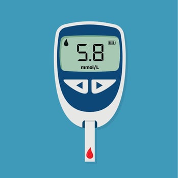 Glucometer. Medical Equipment for diabetes diagnosis. Blood glucose meter level test. Checking blood sugar level by glucometer and test stripe at home. Vector illustration.