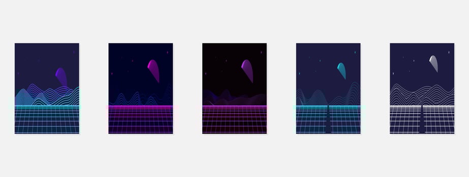 Retro futuristic landscape 1980s style poster or cover design template. Digital retro landscape cyber surface. 80s party background. Retro 80s fashion Sci-Fi Background. Digital Cyber Surface. vector