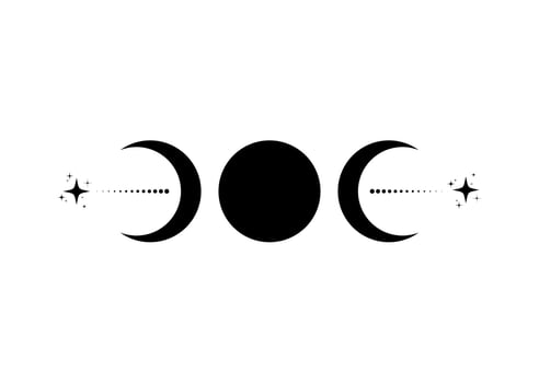 Triple Moon Religious wiccan sign. Wicca logo Neopaganism symbol, Triple Goddess icon tattoo, Goddess of the Moon, the Earth, and childbirth. Crescent, half, and full moon vector isolated on white