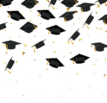 Graduation. Transparent background with realistic flying black degree caps confetti balloons and diplomas. Vector image school and university education banner with gold glitter on white background