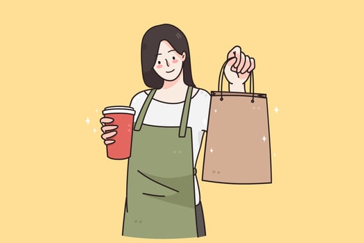 Barista during work in cafeteria concept. Young smiling woman barista cartoon character working at cafeteria holding coffee cup bag for client vector illustration