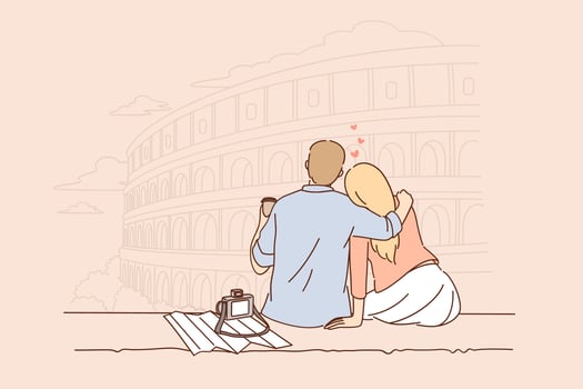 Traveling and vacation in Rome concept. Young couple sitting backwards having trip romantic vacation to Italy Rome drinking coffee hugging vector illustration