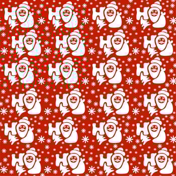 Vector seamless pattern with Santa Claus, Christmas tree, bag with presents and snowflakes. Ho-ho-ho. White on red background.
