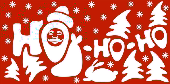 Vector illustration with Santa Claus, Christmas trees, snowflakes and bunny. Ho-ho-ho. White and red colors.