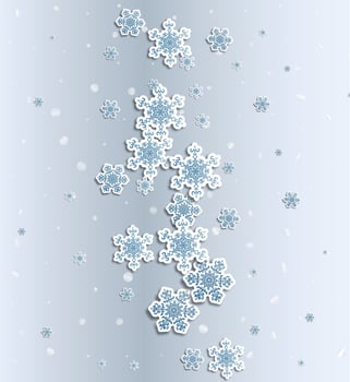 Christmas greeting card with type design and decorations on the snowy blue background. Vector illustration.