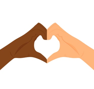 No to racism. Heart shape with hands. Friendship between people. Stop discrimination. Black and white skin. Hands of love. Together against racism. Symbol of love. Isolated work. Vector