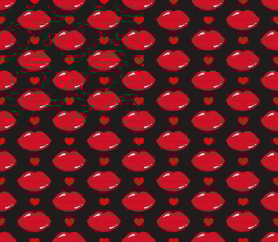 Seamless pattern Red lipstick kiss on black background. Vector flat illustration for design. Printing of the lips.