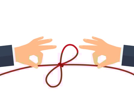Concept of risolving problems easily. Human hands pulling on strings to untie simple knots. Vector illustration