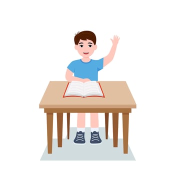 Boys are writing, kids doing homework, maths at home. Cartoon cute little boy in red shirt Siting on the desk. The concept of learning age. Vector illustrations isolated on white background.