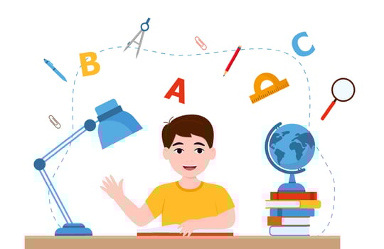 Boys are writing, kids doing homework, maths at home. Cartoon cute little boy in red shirt Siting on the desk. The concept of learning age. Vector illustrations isolated on white background.