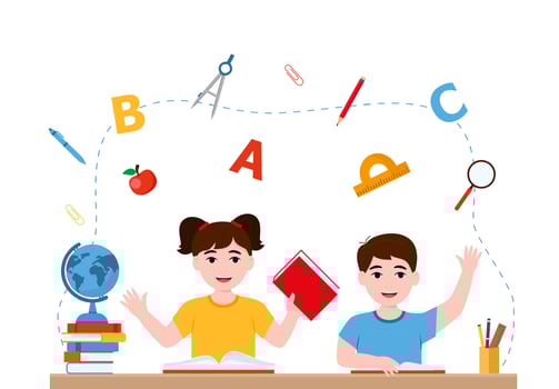 girl and boy are writing, kids doing homework, maths at home. Cartoon cute little boy in red shirt Siting on the desk. The concept of learning age. Vector illustrations isolated on white background.
