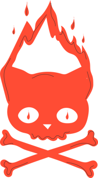Hand drawn red Skull kitty on fire. Burning skull. Trendy isolated colorful  illustration. Cartoon, vintage style. Poster, tattoo idea, t-shirt print, sticker, logo design template png