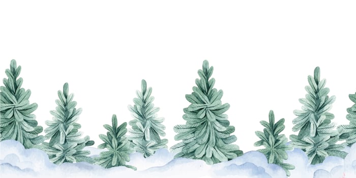 watercolor seamless border, frame with winter christmas landscape. fir trees and snow, winter forest, new year vector