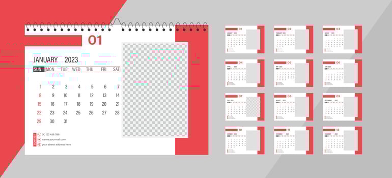 Desktop Monthly Photo Calendar 2023. Simple monthly horizontal photo calendar Layout for 2023 year in English. Cover Calendar and 12 months templates. Week starts from Monday. Vector illustration
