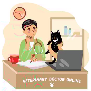Veterinary doctor checking cat by video link. Online veterinarian consultation. Hand drawn vector illustration. Suitable for vet website, postcards.