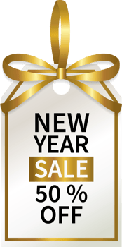 isolate new year sale promotion geometric price tag with gold ribbon png design