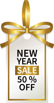 new year sale promotion geometric price tag with gold ribbon png