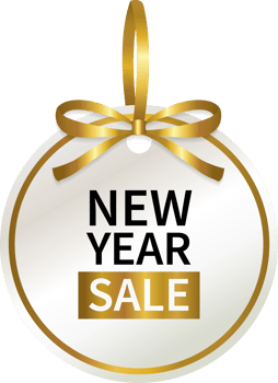 isolate new year sale price tag with gold ribbon geometric design png