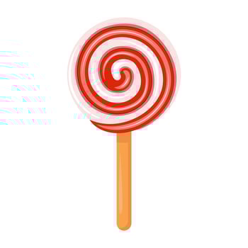 Christmas red lollipop. Round multicolored candy on stick isolated on white background. Template for poster, web, flyer, coupon, promotions, blogs, social media. Vector illustration