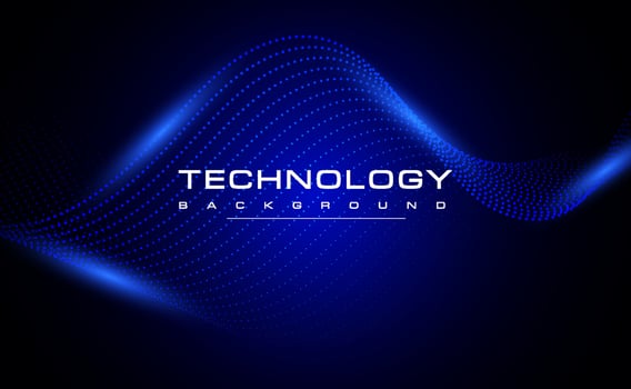Digital technology blue background, online cyber technology algorithm, dark abstract wave futuristic circuit tech, innovation future, internet network connection, Ai big data, dots illustration vector