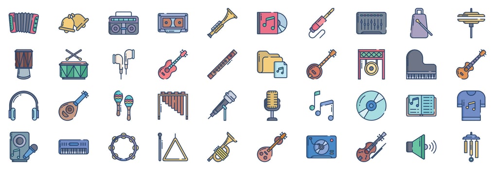 Collection of icons related to Music instrument, including icons like Accordion, Bell, Boombox, and more. vector illustrations, Pixel Perfect set