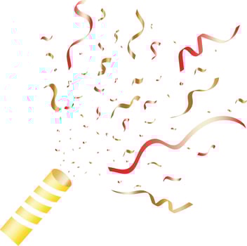 Party cracker with colorful Confetti. Exploding festive Popper isolated on white background. The element of celebrating a new year, birthday, anniversary. Vector illustration.