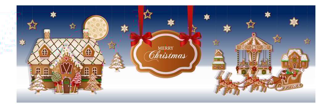 christmas banner with gingerbread landscape. christmas background with gingerbread cookies and candies vector
