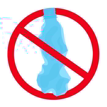 No use of crumpled bottles sign with red circle. Great for plastic waste hazard logo on white background. Vector illustration