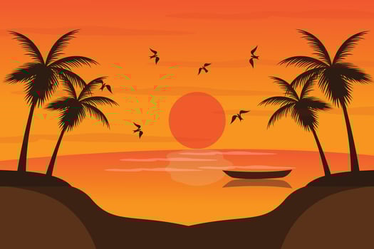 the view of the beach at sunset with the silhouette of the coconut tree vector