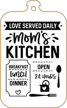 Kitchen apron poster design with cutting board text hand written lettering. Kitchen wall decoration, sign, quote. Cooking kitchen quote saying vector. Love served daily mom's kitchen breakfast lunch vector