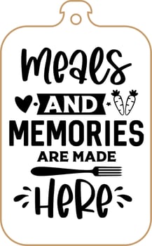 Kitchen apron poster design with cutting board text hand written lettering. Kitchen wall decoration, sign, quote. Cooking kitchen quote saying vector. Meals and memories are made here vector