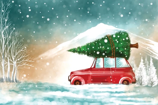 Elegant winter landscape with car in snowy christmas tree background vector