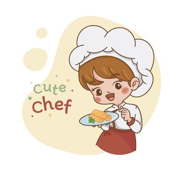 cute chibi woman chef logo cartoon illustration vector