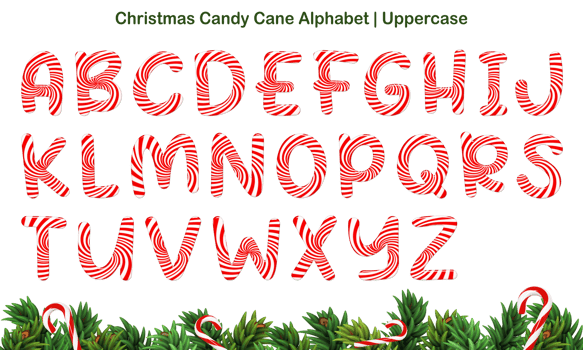 Christmas Candy Cane Alphabet set, includes letters both uppercase and lowercase, numbers, and symbols. png