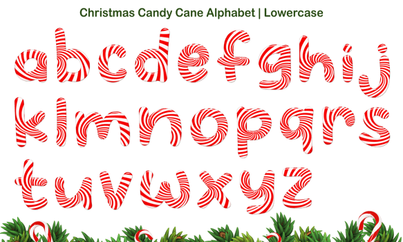 Christmas Candy Cane Alphabet set, includes letters both uppercase and lowercase, numbers, and symbols. png