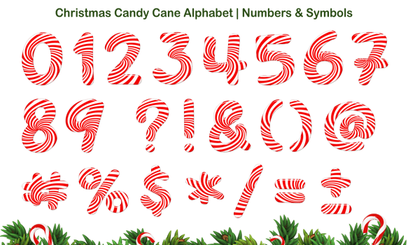 Christmas Candy Cane Alphabet set, includes letters both uppercase and lowercase, numbers, and symbols. png