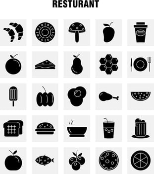 Restaurant Solid Glyph Icons Set For Infographics Mobile UXUI Kit And Print Design Include Grapes Food Meal Fruits Tea Cake Food Meal Eps 10 Vector