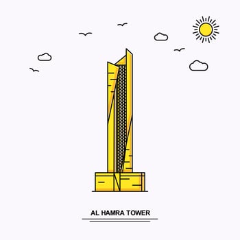 AL HAMRA TOWER Monument Poster Template World Travel Yellow illustration Background in Line Style with beauture nature Scene vector