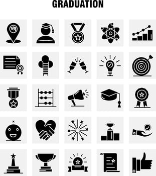 Graduation Solid Glyph Icons Set For Infographics Mobile UXUI Kit And Print Design Include Glass Drink Healthcare Graduation Map Location Medal Award Icon Set Vector
