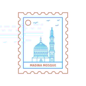 MADINA MOSQUE postage stamp Blue and red Line Style vector illustration