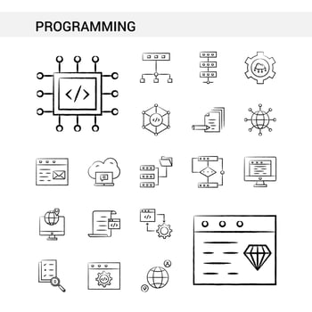 Programming hand drawn Icon set style isolated on white background Vector