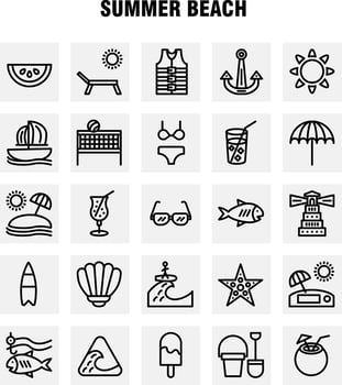 Beach Line Icon Pack For Designers And Developers Icons Of Fish Sea Star Starfish Coconut Fruit Tropical Beach Vector