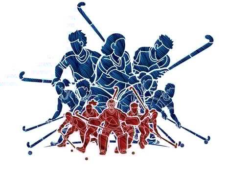 Field Hockey Sport Team Male and Female Players Action Together vector