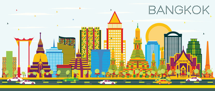 Bangkok Skyline with Color Landmarks and Blue Sky. vector