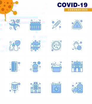 Coronavirus Prevention Set Icons 16 Blue icon such as lungs virus lab warning error viral coronavirus 2019nov disease Vector Design Elements