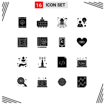 16 User Interface Solid Glyph Pack of modern Signs and Symbols of creative microchip city cpu idea Editable Vector Design Elements