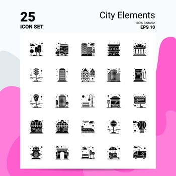 25 City Elements Icon Set 100 Editable EPS 10 Files Business Logo Concept Ideas Solid Glyph icon design vector