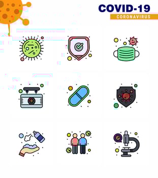 Corona virus disease 9 Filled Line Flat Color icon pack suck as capsule medical shield hospital safety viral coronavirus 2019nov disease Vector Design Elements