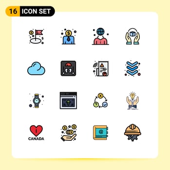16 Universal Flat Color Filled Line Signs Symbols of clouded responsibility international product caring Editable Creative Vector Design Elements